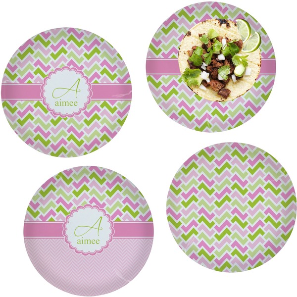 Custom Pink & Green Geometric Set of 4 Glass Lunch / Dinner Plate 10" (Personalized)