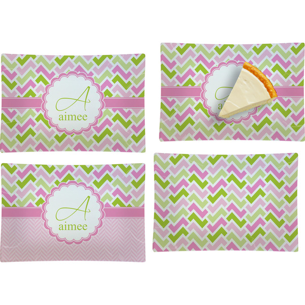 Custom Pink & Green Geometric Set of 4 Glass Rectangular Appetizer / Dessert Plate (Personalized)