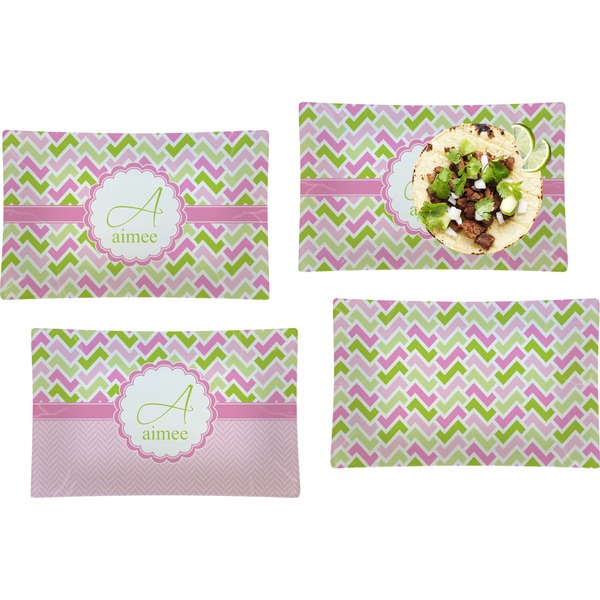 Custom Pink & Green Geometric Set of 4 Glass Rectangular Lunch / Dinner Plate (Personalized)