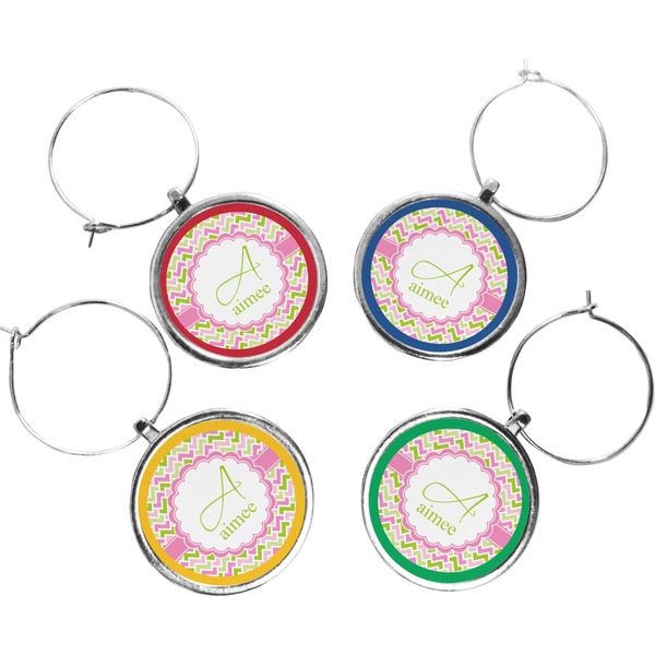 Custom Pink & Green Geometric Wine Charms (Set of 4) (Personalized)