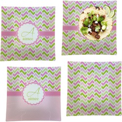 Pink & Green Geometric Set of 4 Glass Square Lunch / Dinner Plate 9.5" (Personalized)