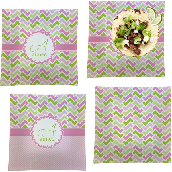 Custom Pink & Green Geometric Set of 4 Glass Square Lunch / Dinner Plate 9.5" (Personalized)