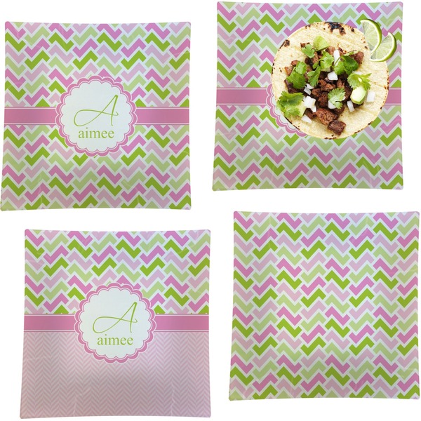 Pink & Green Geometric Set of Square Dinner Plates