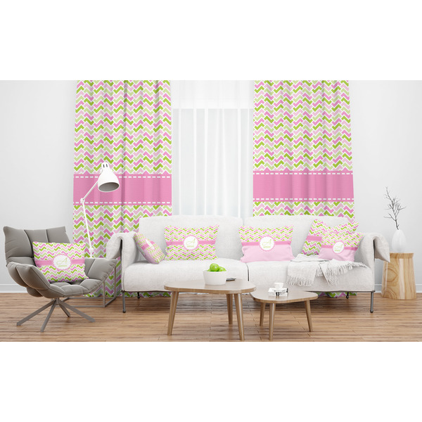 Pink & Green Geometric Sheer and Custom Curtains in Room with Matching Pillows