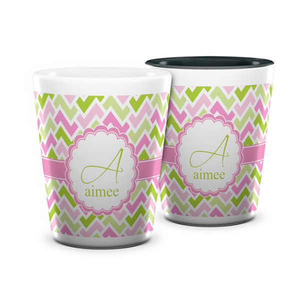 Custom Pink & Green Geometric Ceramic Shot Glass - 1.5 oz (Personalized)
