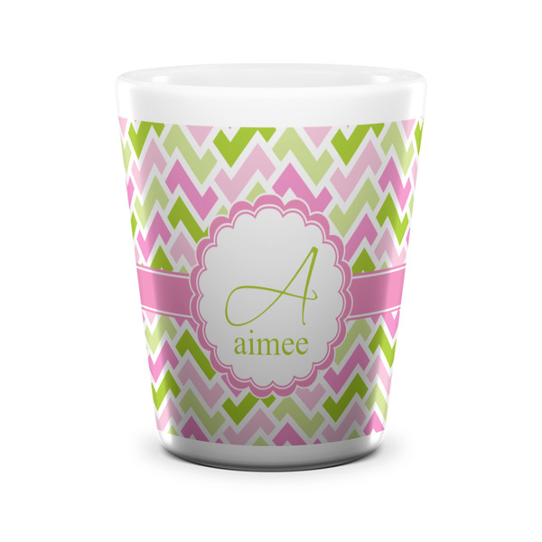 Custom Pink & Green Geometric Ceramic Shot Glass - 1.5 oz - White - Set of 4 (Personalized)