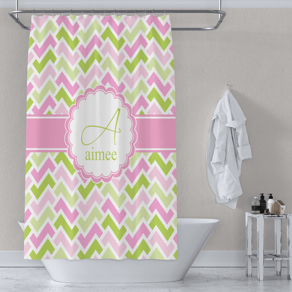 Pink & Green Geometric Shower Curtain Lifestyle