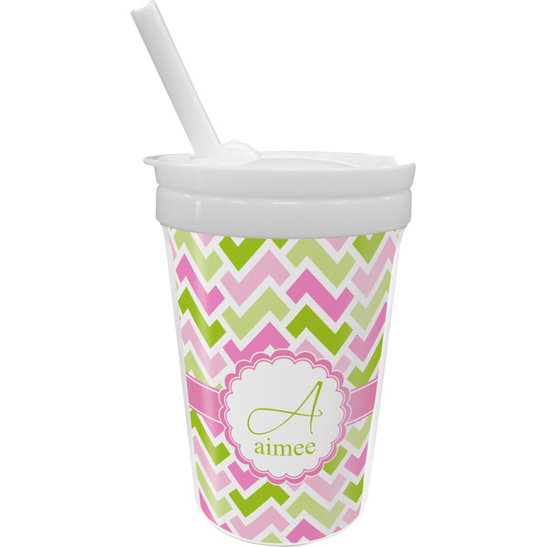 Custom Pink & Green Geometric Sippy Cup with Straw (Personalized)