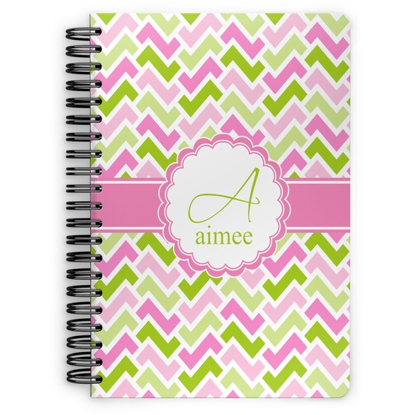 Custom Pink & Green Geometric Spiral Notebook - 7x10 w/ Name and Initial