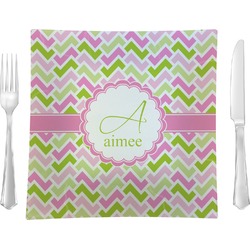 Pink & Green Geometric 9.5" Glass Square Lunch / Dinner Plate- Single or Set of 4 (Personalized)