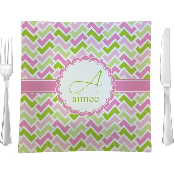 Custom Pink & Green Geometric 9.5" Glass Square Lunch / Dinner Plate- Single or Set of 4 (Personalized)