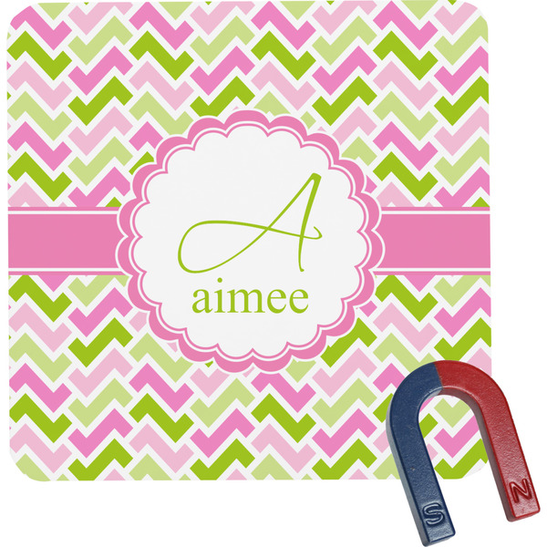 Custom Pink & Green Geometric Square Fridge Magnet (Personalized)