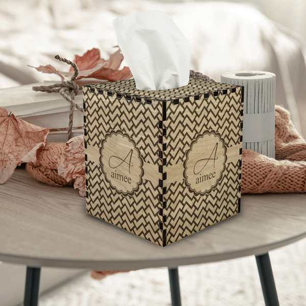 Pink & Green Geometric Square Tissue Box Covers - Wood - In Context