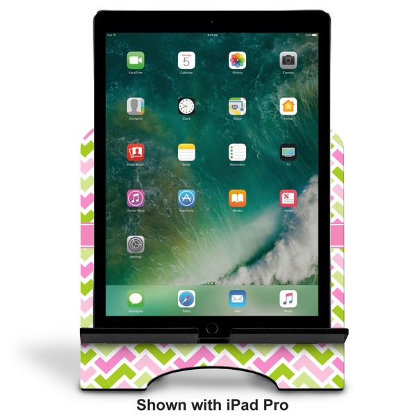 Pink & Green Geometric Stylized Tablet Stand - Front with ipad