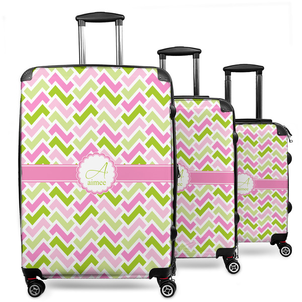 Custom Pink & Green Geometric 3 Piece Luggage Set - 20" Carry On, 24" Medium Checked, 28" Large Checked (Personalized)