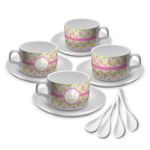 Custom Pink & Green Geometric Tea Cup - Set of 4 (Personalized)