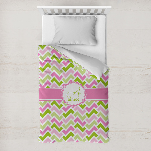 Custom Pink & Green Geometric Toddler Duvet Cover w/ Name and Initial