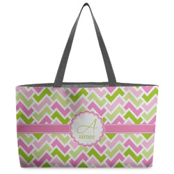 Pink & Green Geometric Beach Totes Bag - w/ Black Handles (Personalized)