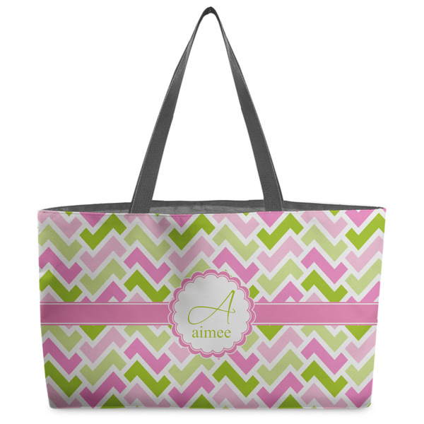 Custom Pink & Green Geometric Beach Totes Bag - w/ Black Handles (Personalized)
