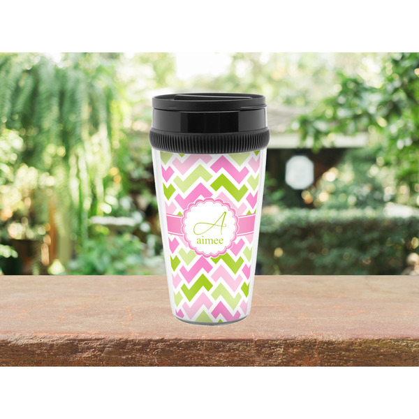 Pink & Green Geometric Travel Mug Lifestyle (Personalized)