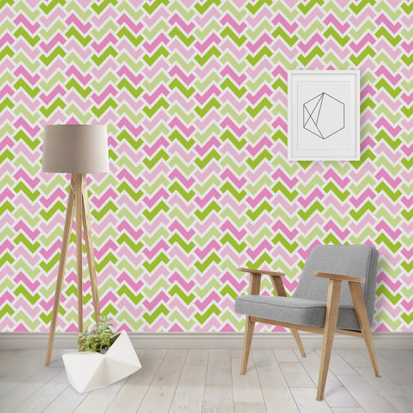 Custom Pink & Green Geometric Wallpaper & Surface Covering (Water Activated - Removable)