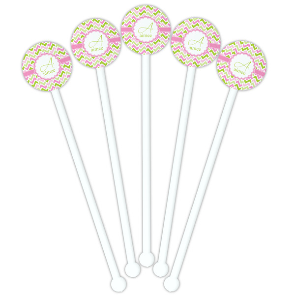 Pink & Green Geometric White Plastic 5.5" Stir Stick - Fan View