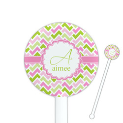Pink & Green Geometric 5.5" Round Plastic Stir Sticks - White - Single Sided (Personalized)