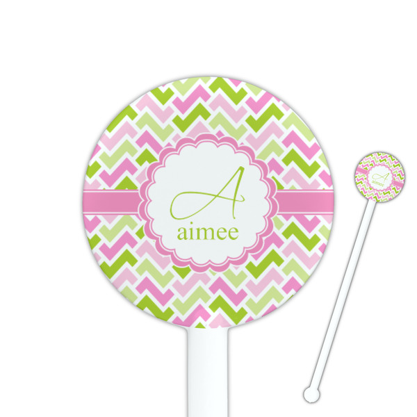 Custom Pink & Green Geometric 5.5" Round Plastic Stir Sticks - White - Single Sided (Personalized)