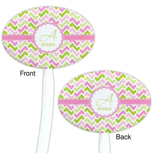 Pink & Green Geometric White Plastic 7" Stir Stick - Double Sided - Oval - Front & Back