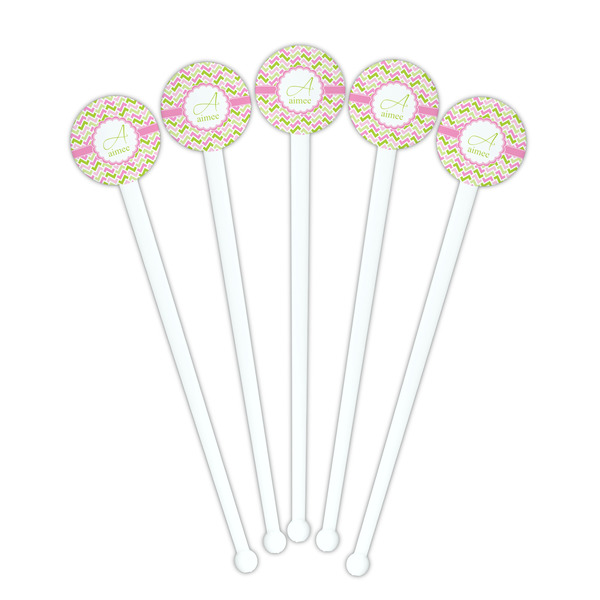 Pink & Green Geometric White Plastic 7" Stir Stick - Round - Fan View