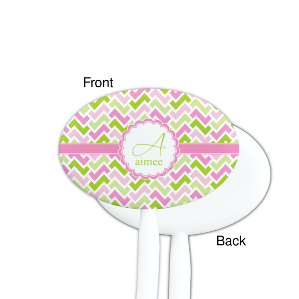 Pink & Green Geometric White Plastic 7" Stir Stick - Single Sided - Oval - Front & Back