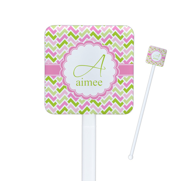 Custom Pink & Green Geometric Square Plastic Stir Sticks (Personalized)