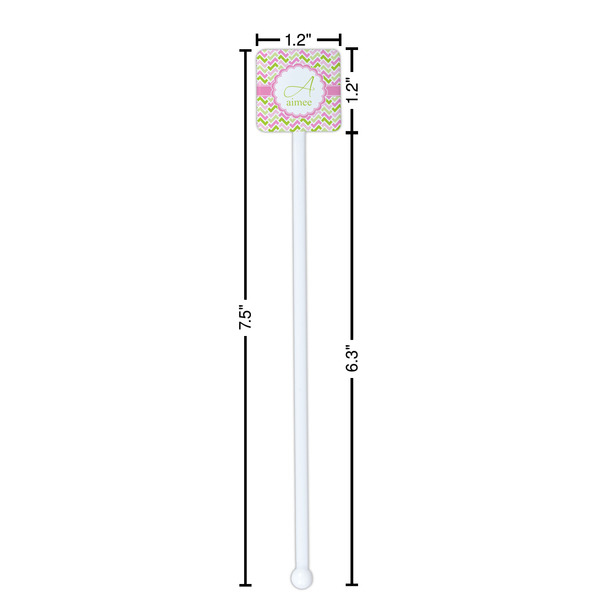 Pink & Green Geometric White Plastic Stir Stick - Square - Dimensions