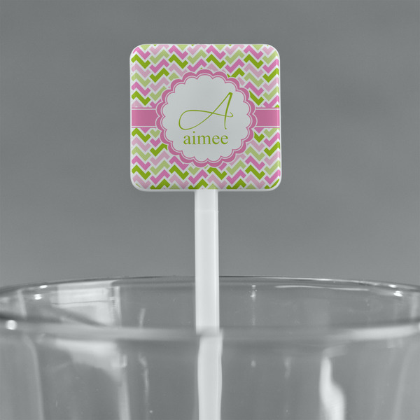 Pink & Green Geometric White Plastic Stir Stick - Square - Main