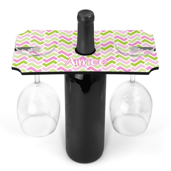 Custom Pink & Green Geometric Wine Bottle & Glass Holder (Personalized)