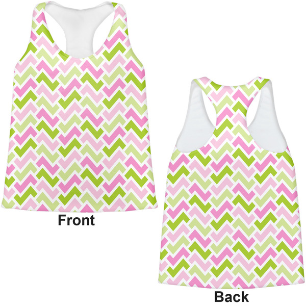 Pink & Green Geometric Womens Racerback Tank Tops - Medium - Front and Back