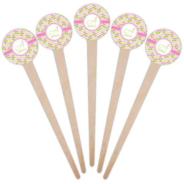 Pink & Green Geometric Wooden 4" Food Pick - Round - Fan View