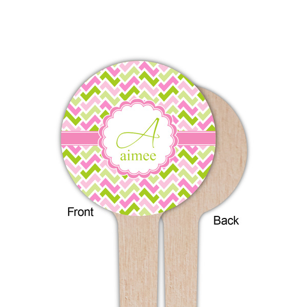 Pink & Green Geometric Wooden 4" Food Pick - Round - Single Sided - Front & Back