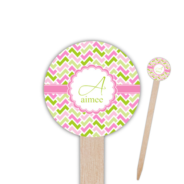Custom Pink & Green Geometric 6" Round Wooden Food Picks - Double Sided (Personalized)