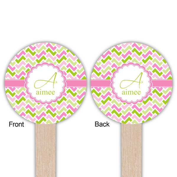 Pink & Green Geometric Wooden 6" Food Pick - Round - Double Sided - Front & Back