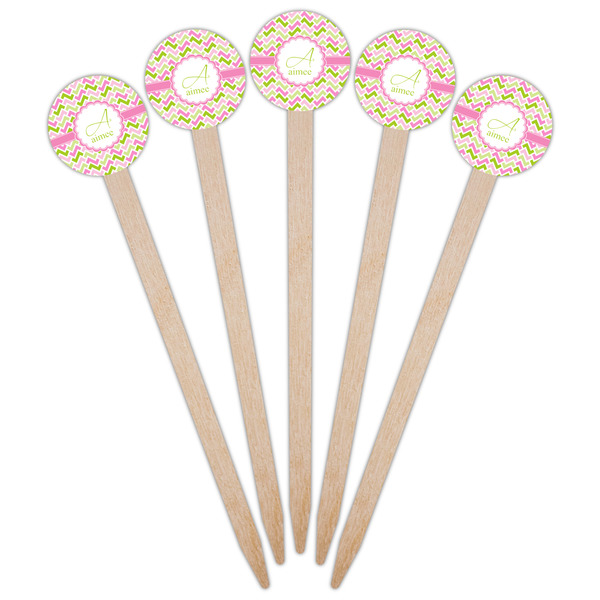 Pink & Green Geometric Wooden 6" Food Pick - Round - Fan View