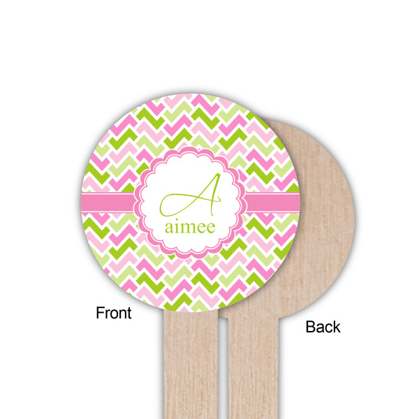 Pink & Green Geometric Wooden 6" Food Pick - Round - Single Sided - Front & Back