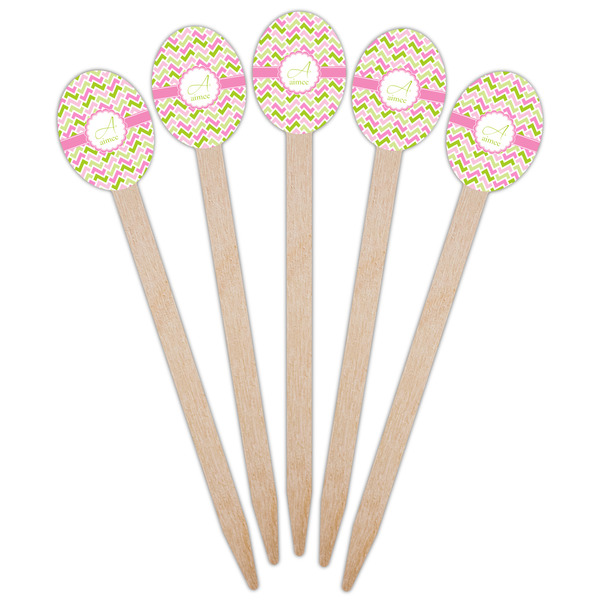 Pink & Green Geometric Wooden Food Pick - Oval - Fan View