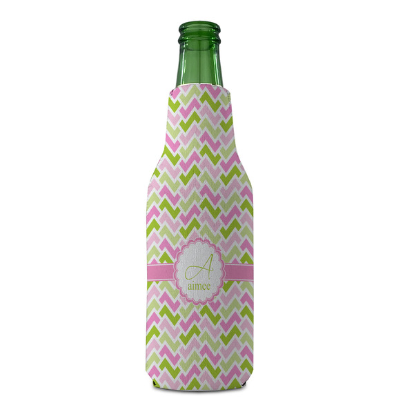 Pink & Green Geometric Zipper Bottle Cooler - FRONT (bottle)