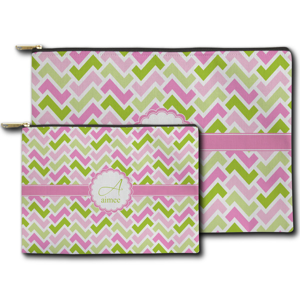 Pink & Green Geometric Zippered Pouches - Size Comparison