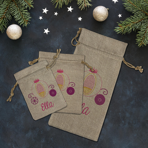 Princess Carriage Burlap Gift Bags - LIFESTYLE (Flat lay)