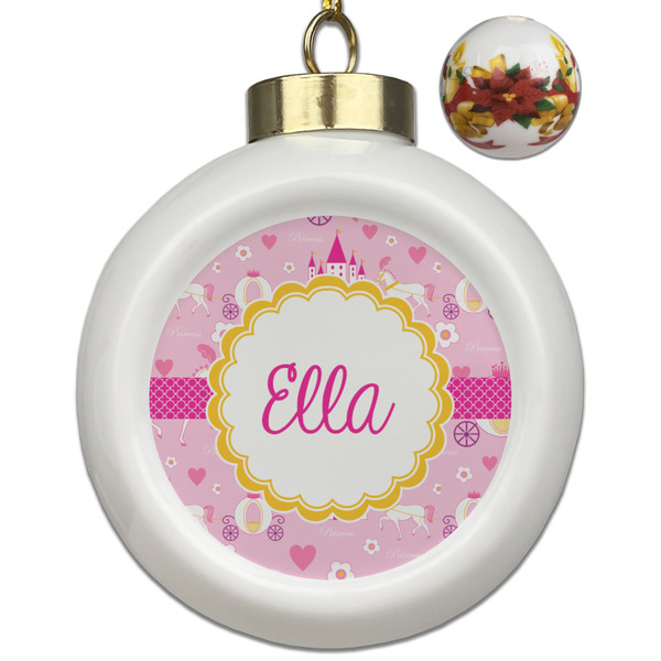 Custom Princess Carriage Ceramic Ball Ornaments - Poinsettia Garland (Personalized)