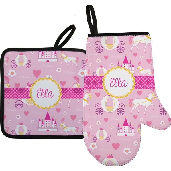 Custom Princess Carriage Right Oven Mitt & Pot Holder Set w/ Name or Text