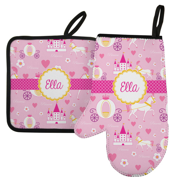 Custom Princess Carriage Left Oven Mitt & Pot Holder Set w/ Name or Text