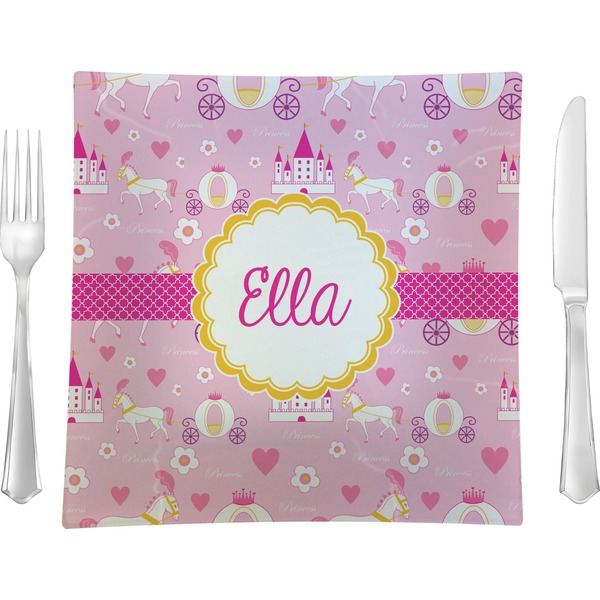 Custom Princess Carriage 9.5" Glass Square Lunch / Dinner Plate- Single or Set of 4 (Personalized)